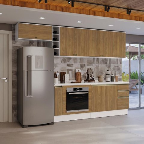 Armário de Cozinha Completa 3 Gavetas 100% Mdf 300cm Branco/nogueira Celeste Kappesberg