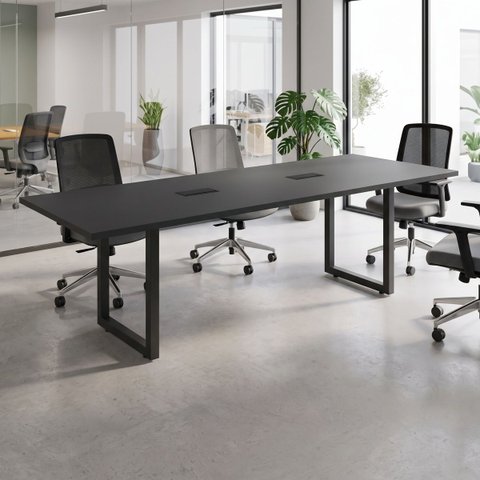 Mesa Reunião Industrial 2,50m x 90cm 100% MDF com 2 Caixas de Tomadas Pés Metal F5 Office