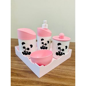 Kit Higiene Pandinha Baby - Rosa C/bandeja Quadrada Rosa