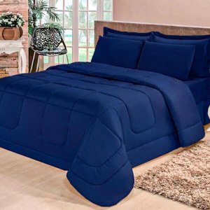 Kit Edredom Confort Casa Dona Dupla Face Casal Queen 6 Pçs Com Lençol Azul Marinho