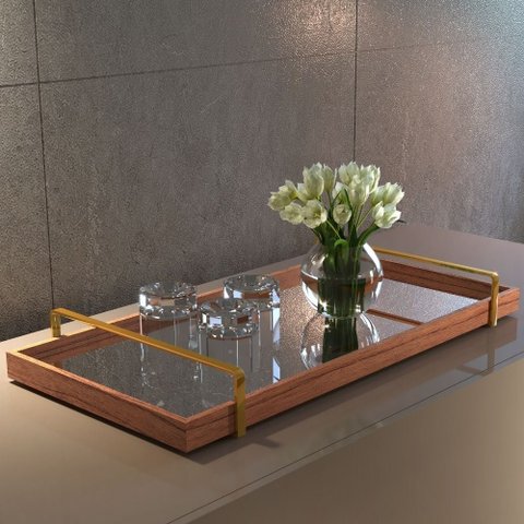 Bandeja Decorativa Espelhada Alça Dourada Larflex Madeira