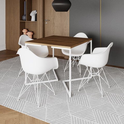 Mesa Jantar Industrial Quadrada Amêndoa 90Cm Base V C/4 Poltronas Brancas Ferro Branc Cor: Amendoa