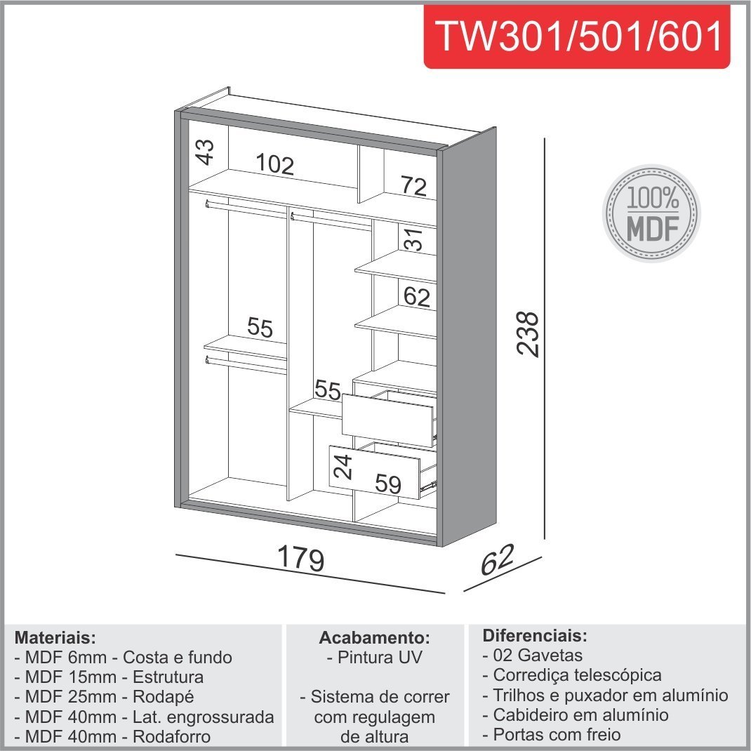 Guarda-roupa Roupeiro Solteiro com 02 Portas 179 Cm 100% Mdf Dalla Costa: Freijó/off White - 3