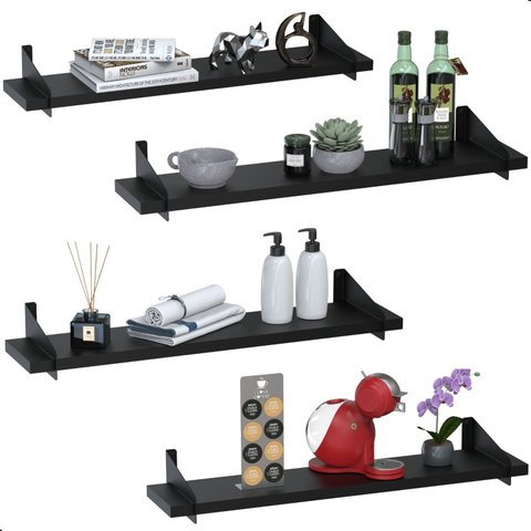 4 Prateleiras Suspensa Estilo Industrial Madeira 50cm Fs P:preto