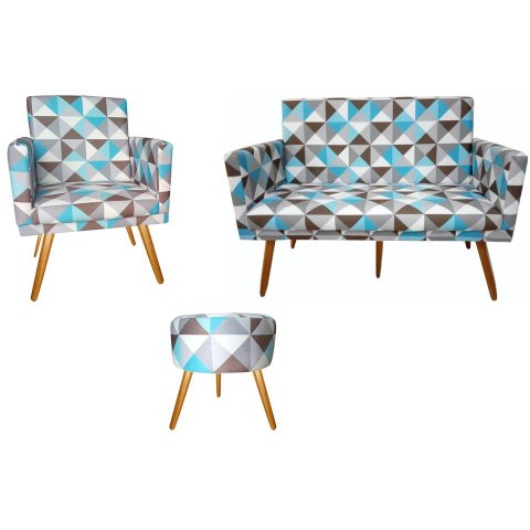 Kit Namoradeira + 1 Poltrona Decorativa Nina + Puff Redondo Suede Triângulo Azul Pés Madeira Ms Deco