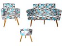 Ver imagem 1 de Kit Namoradeira + 1 Poltrona Decorativa Nina + Puff Redondo Suede Triângulo Azul Pés Madeira Ms Deco