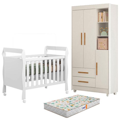 Berço Americano Soninho com Guarda Roupa Flocos Branco Acetinado Colchão Americano Gazin - Tigus