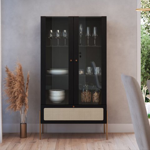 Cristaleira 2 Portas Vidro 1 Gaveta 83cm Palhinha Pé Metal Oslo Artesano | Hanover/dourado