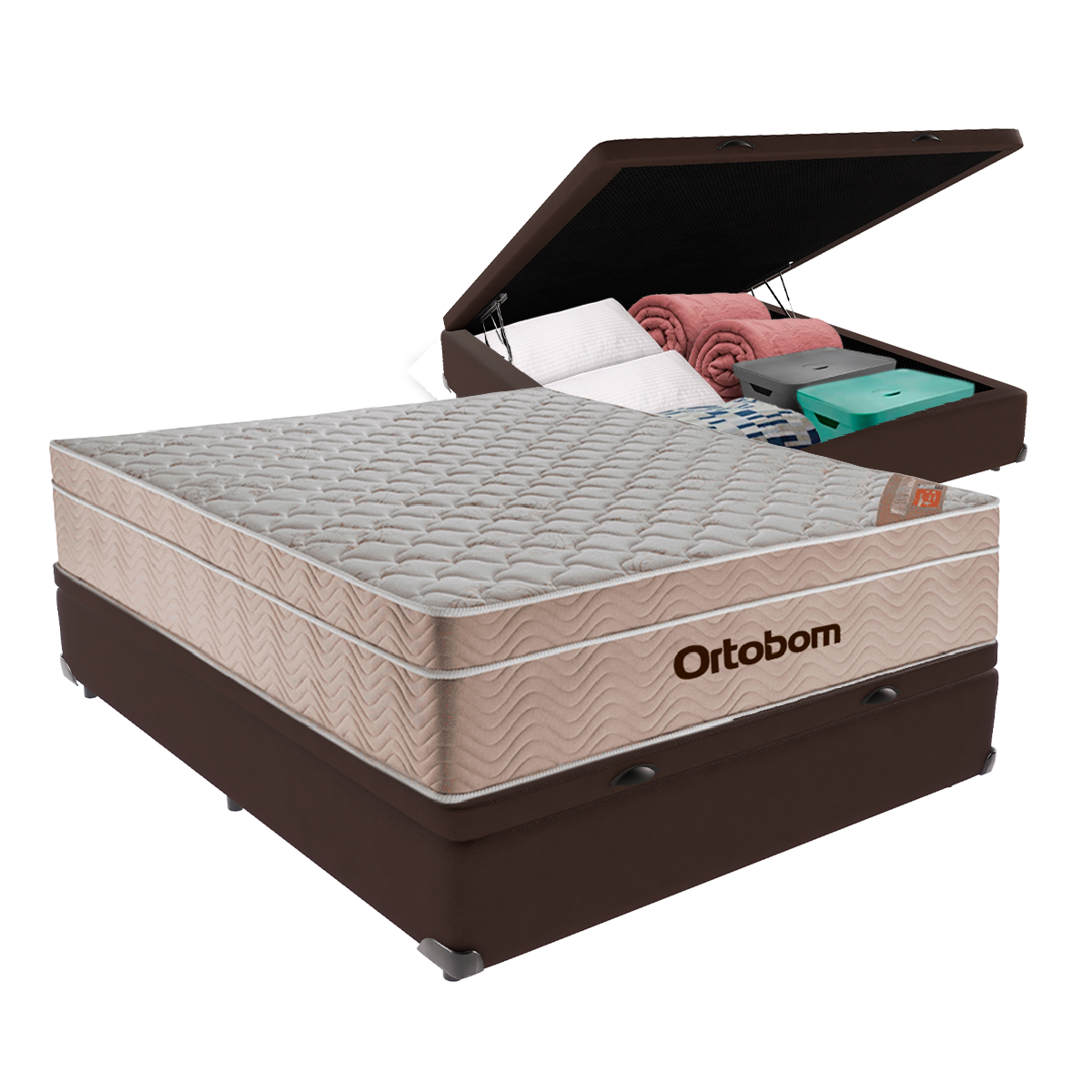 Cama Box Baú Viúvo Marrom e Colchão Airtech Springpocket Molas Ensacadas Ortobom