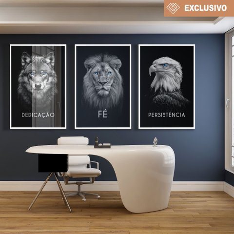 Kit 3 Quadros Decorativo Dedicação, Fé e Persistência Preto e Branco Sala Quarto Casa Escritório