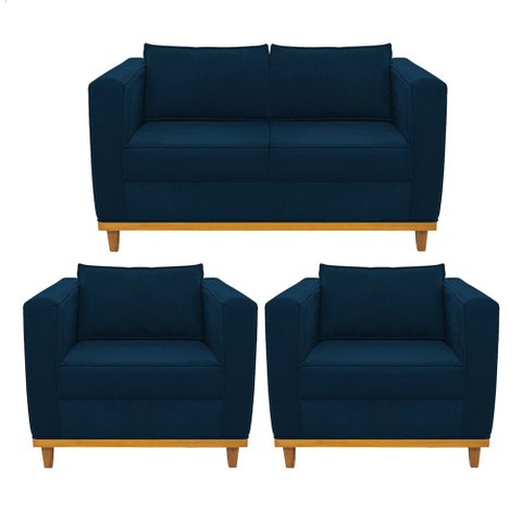 Kit Sofá 2 Lugares e 2 Poltronas Europa Suede Azul Marinho - Am Decor