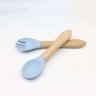 Kit Talheres Bambu Silicone Colher + Garfo Refeição Bebê Azul - 1