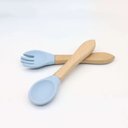 Ver imagem 1 de Kit Talheres Bambu Silicone Colher + Garfo Refeição Bebê Azul