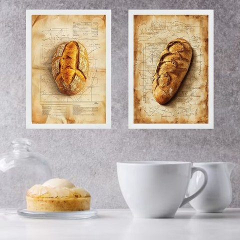 Kit 2 Quadros Decorativos Cozinha Pães Vintage 33x24cm - com Vidro:moldura Branca