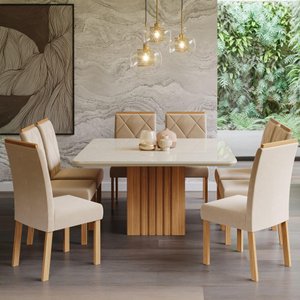 Mesa para Sala de Jantar Ana 130 X 130 Cm e 8 Cadeiras Fernanda Cimol Nature/offwhite/madeira/nude