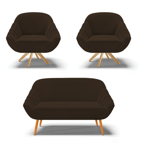 Kit 01 Namoradeira 02 Lugares e 02 Poltronas Giratória Giovana Suede Marrom Rato Base Madeira MA30