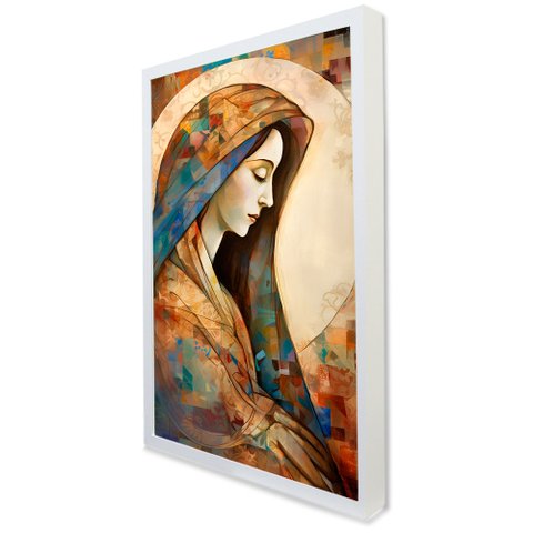 Quadro Decorativo Virgem Maria Abstrato em Moldura Caixa Tacolado Moldura Caixa 3cm Branca sem Vidro