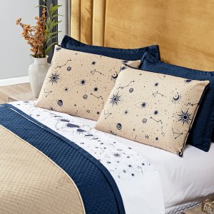 Jogo de Cama Lençol Constelações Branco Queen 04 Peças - Percal 200 Fios Decoração Universo Astrolog