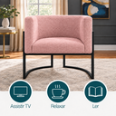 Ver imagem 3 de Poltrona Decorativa Luna Bouclé Premium para Sala Escritório Recepção Base Circular em Ferro Madeira