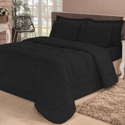 Kit Edredom Confort Casa Dona Dupla Face Casal Queen 6 Pçs Com Lençol Preto
