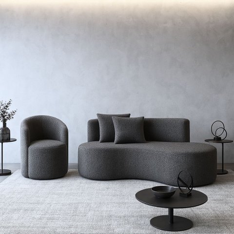 Conjunto 01 Poltrona + Sofá Curvo Orgânico Nature Gaia Boucle Cinza - Montanaris Decor