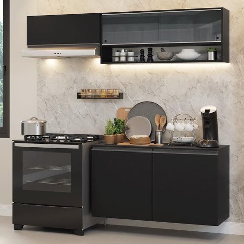 Armário de Cozinha Compacta 200 Cm Suspenso Preto Nice Madesa 08 Preto