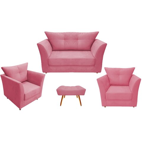 Kit Namoradeira + 2 Poltronas Decorativa Isis + 1 Puff Retangular Suede Rosa Pés Madeira Ms Decor
