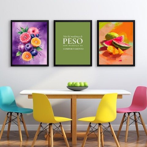 Kit 3 Quadros Cozinha - Mudança de Hábito 45x34cm - com Vidro:moldura Preta