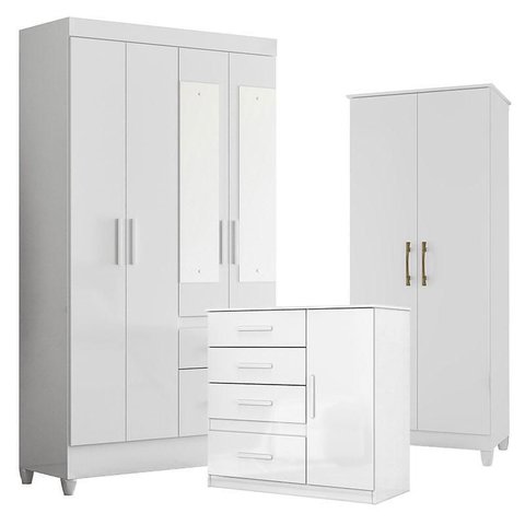 Guarda Roupa com Espelho Infantil Madri com Cômoda Vênus e Armário Multiuso Jade Branco Brilho