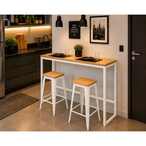 Mesa Jantar Aparador Bancada Alta Industrial 190x60cm Tampo Bege Pés Branco