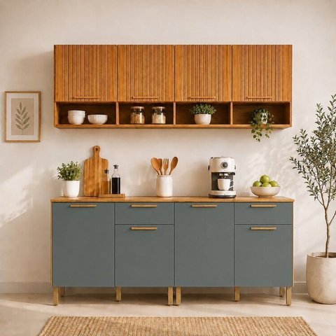 Cozinha Modulada Compacta 4 Peças 8 Portas e 2 Gavetas 200cm 100% MDF Viena Espresso Móveis Cinza/Canela/Platina