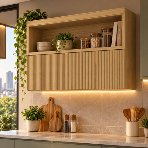 Armário Aéreo Modular Ripado 1 Porta Basculante Marquesa 120cm 100 Mdf