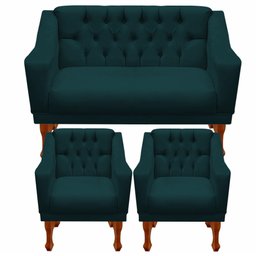 Jogo de Sofá Namoradeira + 02 Poltronas para Escritorio Recepção Grecia - Suede Azul Marinho - 1