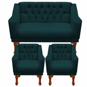 Jogo de Sofá Namoradeira + 02 Poltronas para Escritorio Recepção Grecia - Suede Azul Marinho