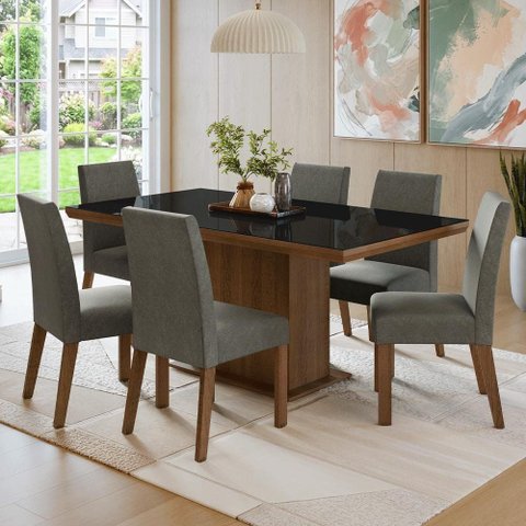 Conjunto Sala de Jantar Tampo de Vidro 6 Cadeiras Rustic/Preto/Silver Alba Madesa