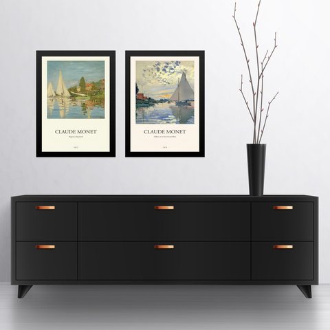 Kit 2 Quadros Decorativos Barcos de Monet 24x18cm:moldura Branca