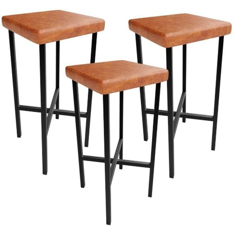 Kit 03 Banquetas Alta Bar Cozinha Sala de Jantar Preto Stella L02 Couríssimo Camel - Lyam Decor