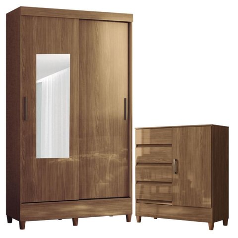 Guarda Roupa Solteiro 2 Portas de Correr com Espelho e Pés e Cômoda Fit Jequitibá Acetinado - Santos