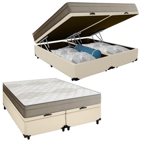 Cama Box Baú Casal Bipartido Sintético + Colchão de Molas Ensacadas Portobel Ipanema - 138x188x66cm 
