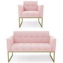 Ver imagem 1 de Sofá Namoradeira e 1 Poltrona Base Industrial Dourado Ana Suede Rosa Bebê - Ibiza