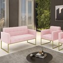 Ver imagem 2 de Sofá Namoradeira e 1 Poltrona Base Industrial Dourado Ana Suede Rosa Bebê - Ibiza