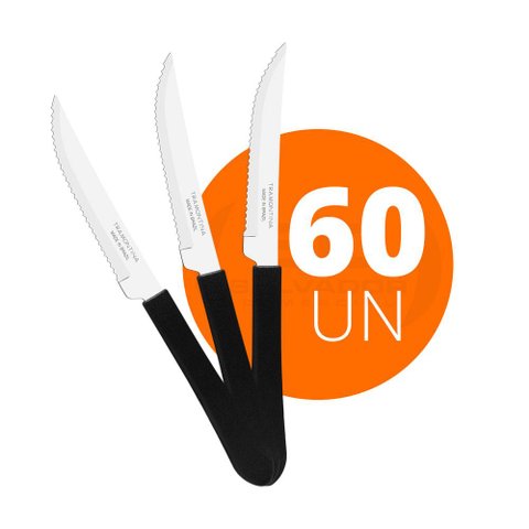 KIT - 60 Facas para Churrasco Leme Com Lâmina em Aço Inox 4 POL Cabo Preto FPBAG - Tramontina