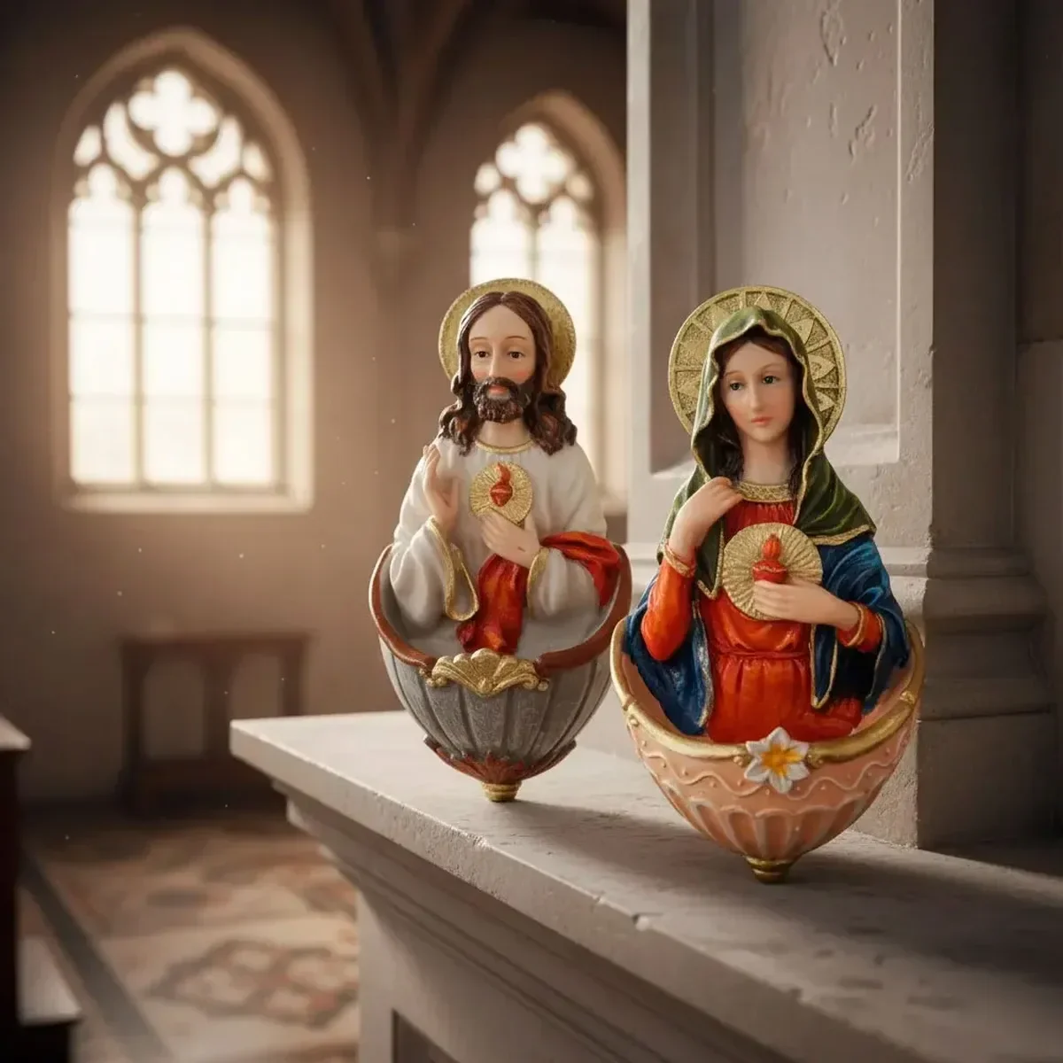Par de Pia de Água Benta Sagrado Coração de Jesus e Maria de Resina para Parede Clara - 15 cm