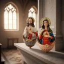 Ver imagem 1 de Par de Pia de Água Benta Sagrado Coração de Jesus e Maria de Resina para Parede Clara - 15 cm