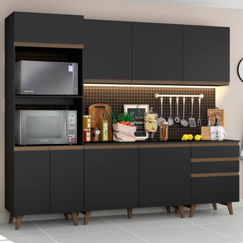 Cozinha reims com Balcão 8 Portas 3 Gavetas Preto Madesa