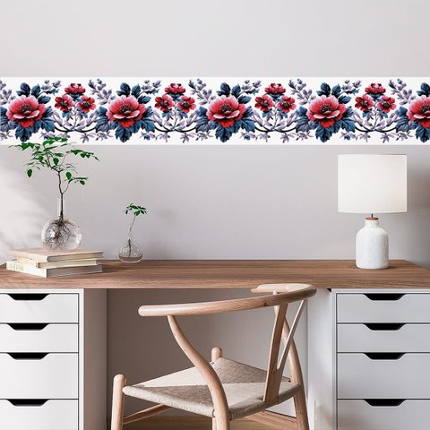 Faixa Decorativa Adesiva (autocolante) - Folhas Azuis e Flores Vermelhas