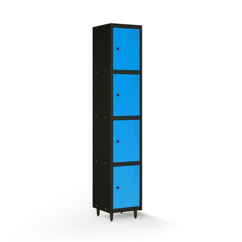 Armário Roupeiro Locker Guarda-Volume de Aço 4 Portas Pequenas com Fecho para Cadeado Vestiário Academia Azul/Preto
