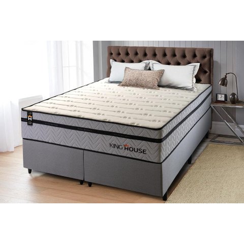 Conjunto Cama Box Super King c/ Molas Ensacadas Preston Cinza 193x203x71