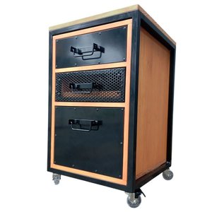 Gaveteiro de Madeira e Ferro Estilo Industrial - com 3 Gavetas e 4 Rodízios - Cores Preto e Canela