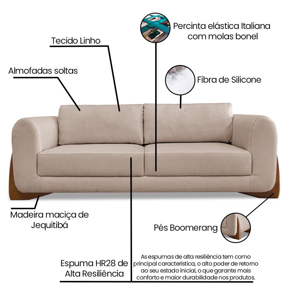 Sofá Living 2 Lugares 1,60m Lottus Linho Areia Pés Castanho - Pallazio - 7